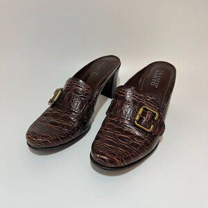 Franco Sarto Women's Brown Croc Embossed Leather Block Heel Mule Size 8 1/2